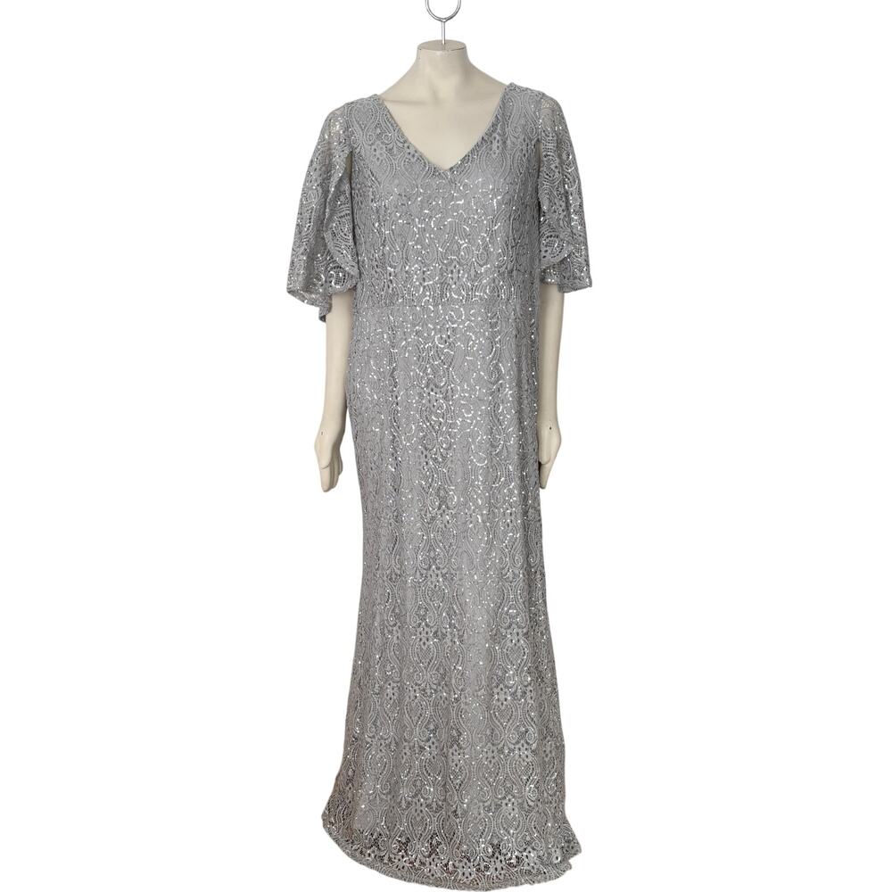 MARINA Silver Sequins & Lace Formal Maxi Dress  Wedding  SZ 18W
